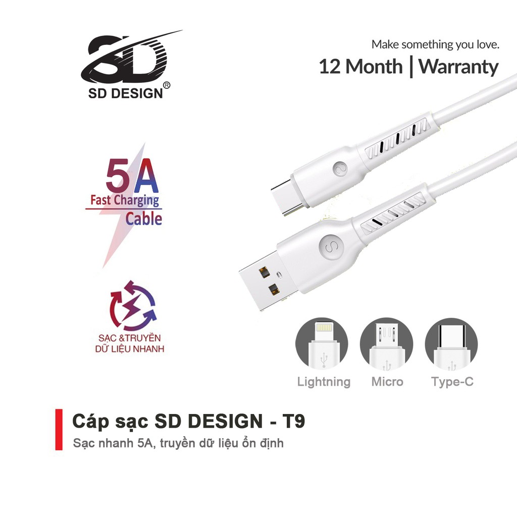 Cáp sạc SD DESIGN T9 chính hãng đầy đủ các chân sạc Lightning cho Iphone, Type C, Micro Usb cho Samsung, oppo,...