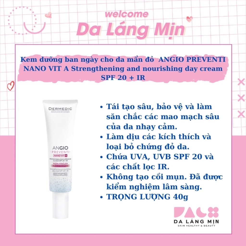 Kem dưỡng ban ngày ANGIO PREVENTI NANO VIT A Strengthening and nourishing day cream SPF 20 IR cho da đỏ 40g- Da Láng Mịn