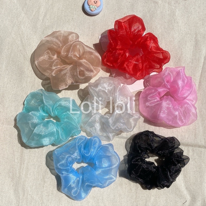 scrunchies cột tóc voan ánh nhũ óng ánh vải xịn