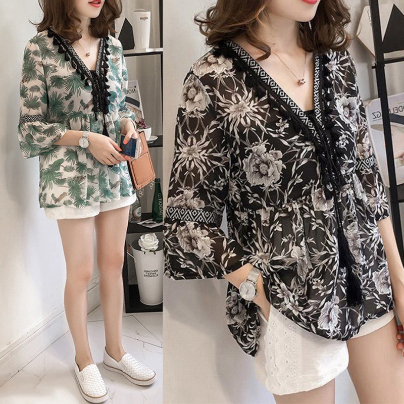 Women Fashion Long Sleeve Shirt V-Neck Loose Floral Chiffon Tops Dress Chiffon