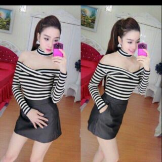 Áo thun tay dài bẹt vai kèm vòng cổ