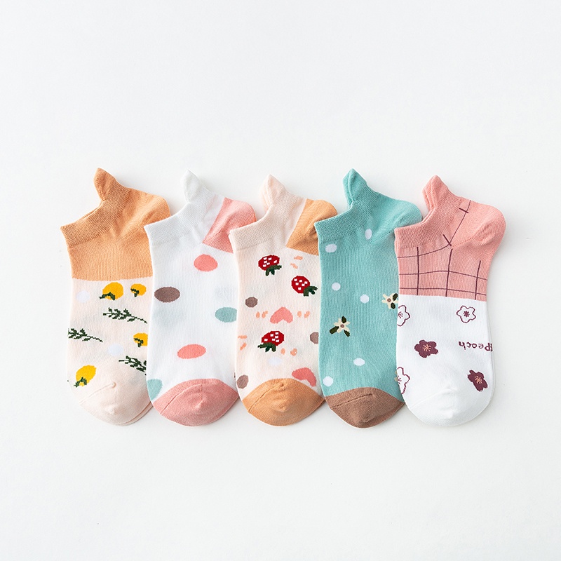 Vớ cotton cổ cao tới mắt cá chân có phần gót họa tiết hoa/ trái cây/ chấm bi thời trang thường ngày đáng yêu cho nữ