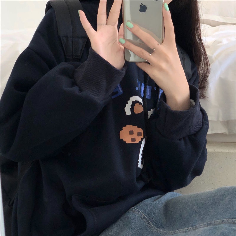 Áo Hoodie Len Lông Cừu Dày Dáng Rộng Thêu Họa Tiết Phong Cách Hàn Quốc Thời Trang Mùa Đông Cho Nữ