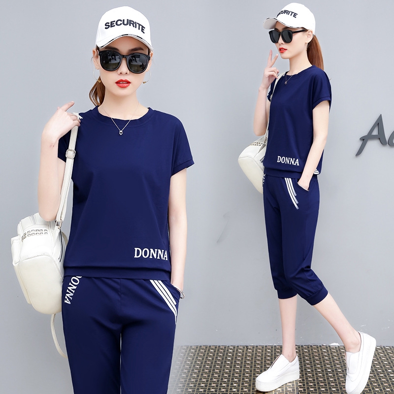 Set Đồ Thể Thao Áo Thun Cotton Tay Ngắn + Quần Dài Dáng Rộng Thời Trang Mùa Hè Cho Nữ