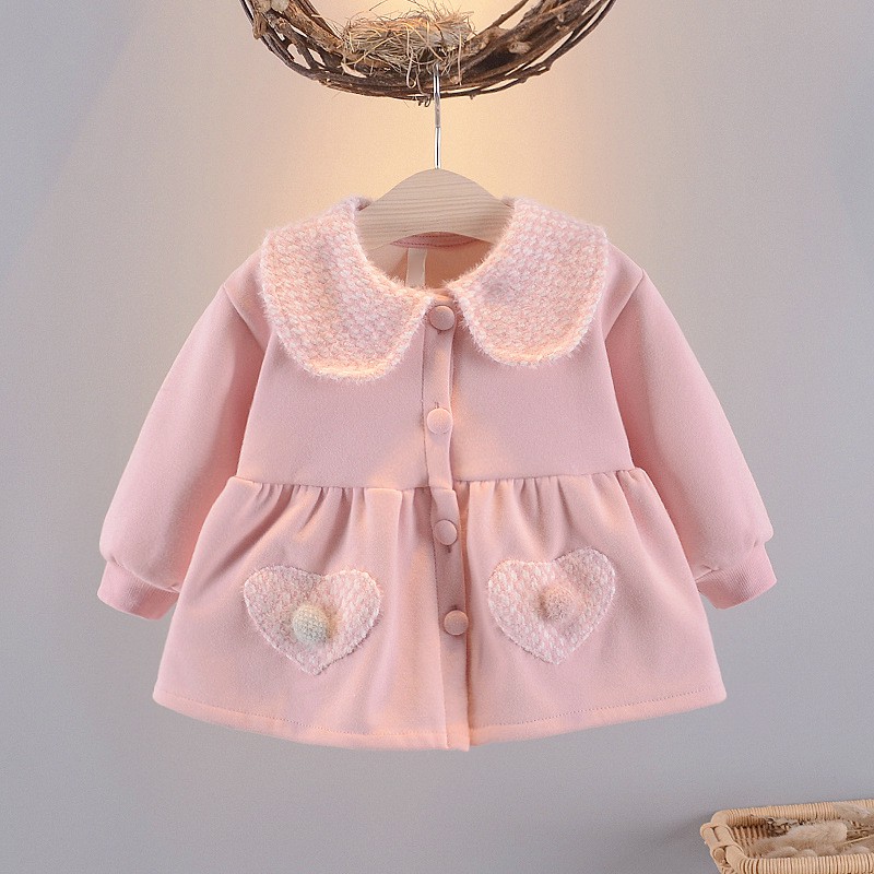 Áo khoác bé gái cổ sen túi trái tim chất cotton lót nhung siêu mềm mịn size 9-15kg AK21