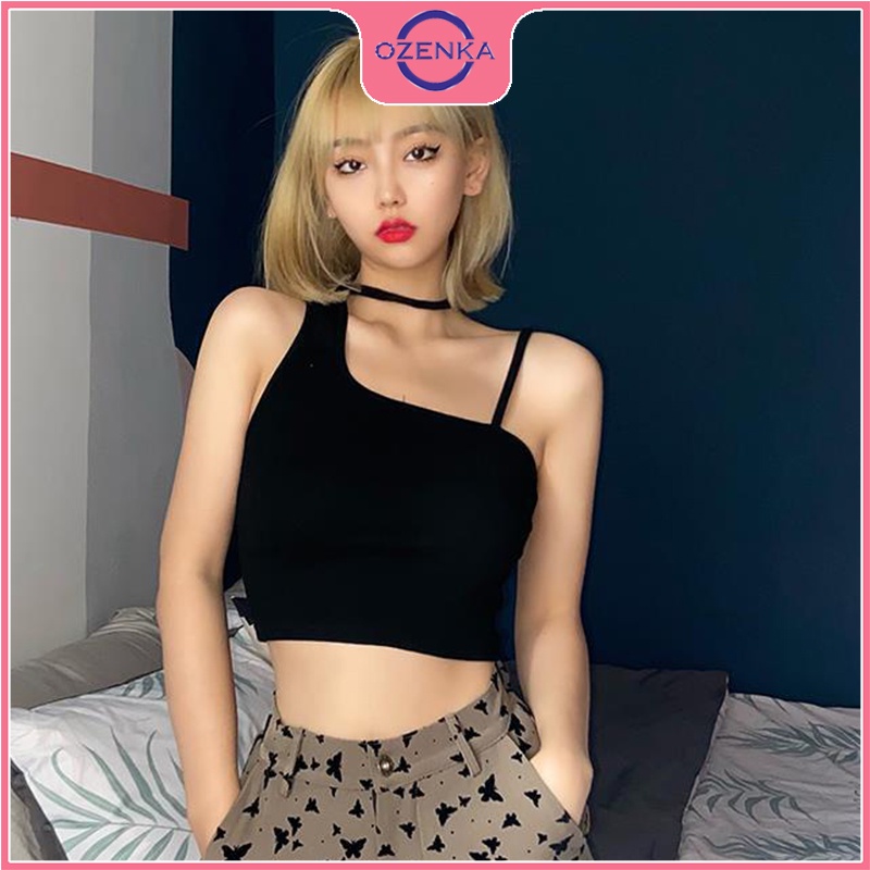 Áo 2 dây croptop nữ OZENKA , áo thun sát nách ôm body gợi cảm không tay nữ chất cotton cao cấp màu đen trắng dưới 50kg