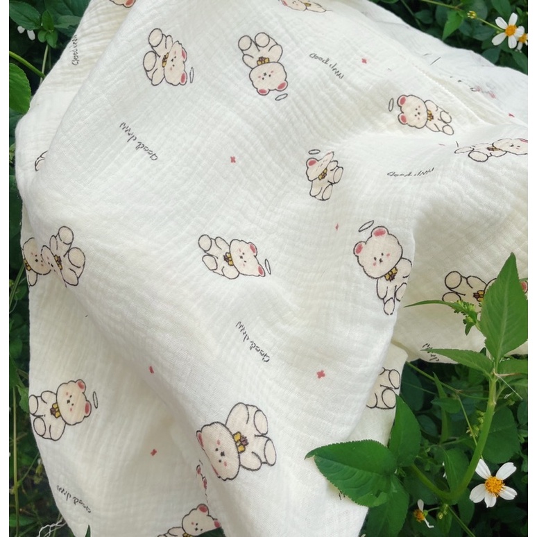 vải xô muslin 2 lớp hình gấu thiên thần siêu mềm siêu thấm hút