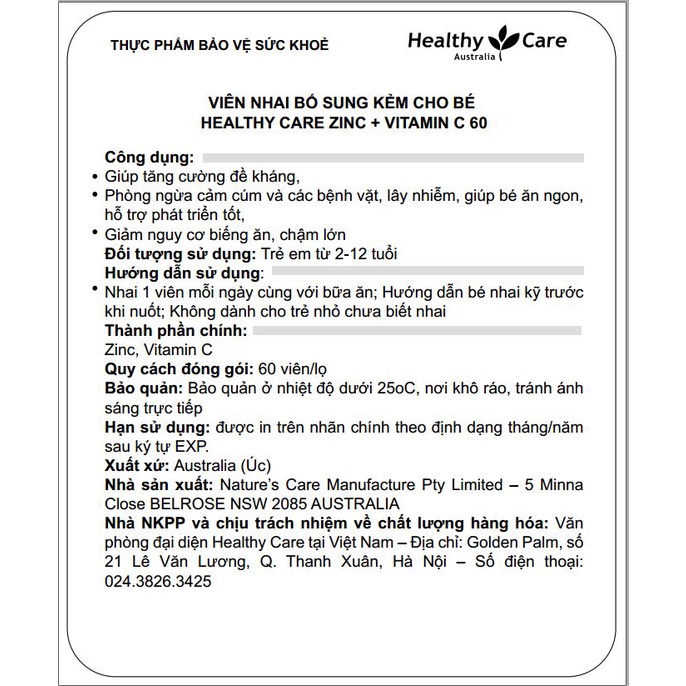 Viên nhai bổ sung kẽm và vitamin C Healthy Care Kids Chewable 60 viên vị dâu