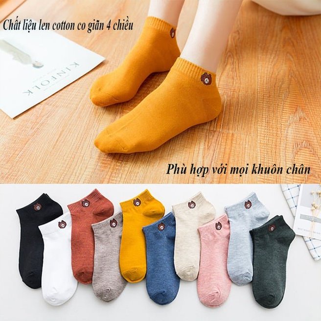 Set 10 đôi tất gấu cổ ngắn họa tiết Brown xinh xắn - Tất gấu cổ ngắn đủ màu pastel chất liệu cotton thoáng mát - 01461