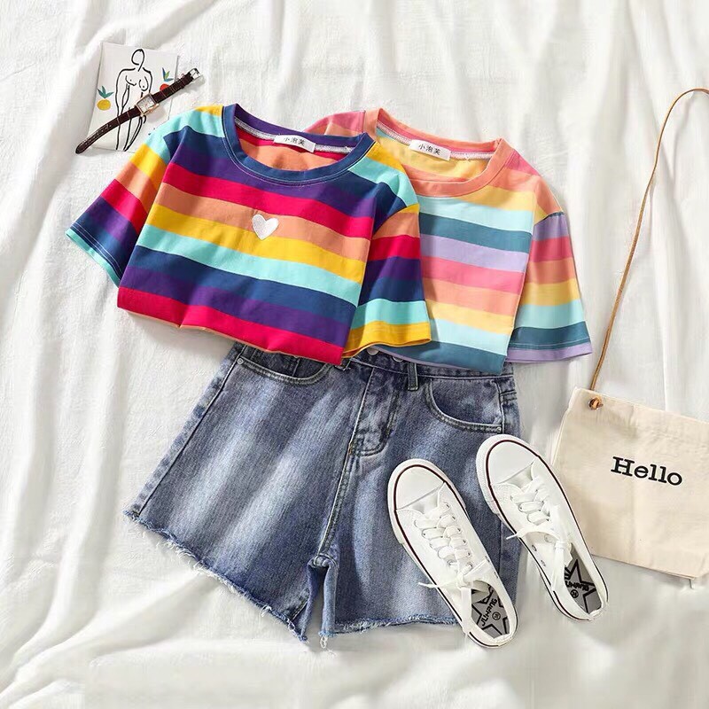 Áo croptop sọc màu cầu vồng tim siêu cute xinh xinh