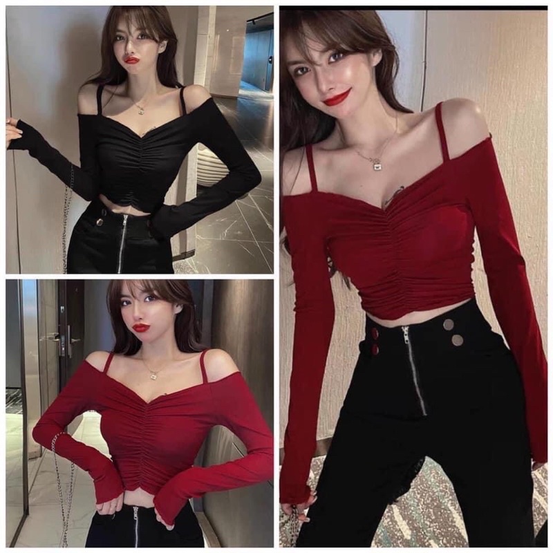 Áo kiểu trễ vai croptop tay dài phối hai dây chít ngực