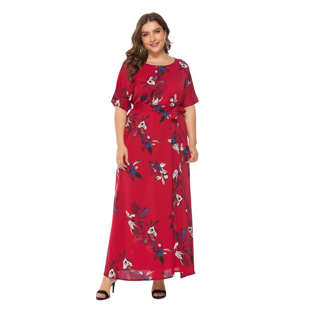 ĐẦM MAXI BIG SIZE CỔ TRÒN HOA NHIỀU MÀU ĐI BIỂN NỀN ĐỎ MẬN HM184 THƯƠNG HIỆU HIMISTORE