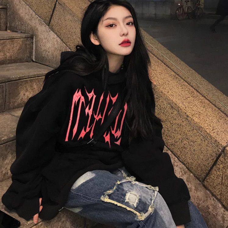 Áo hoodie dáng rộng phong cách đường phố Mỹ màu đen