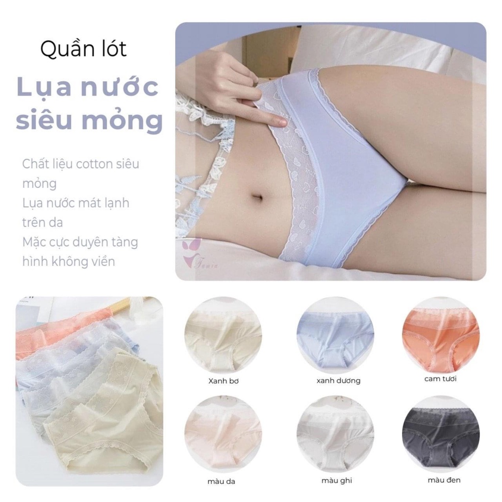 Quần lót nữ lụa lạnh cao cấp, tàng hình cạp ren tim quyến rũ, ôm nâng mông sexy, gợi cảm, miếng lót kháng khuẩn, Ninagen