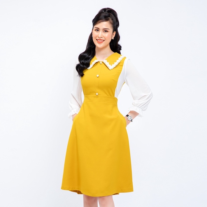 Đầm nữ công sở tay phối voan cổ bèo dự tiệc đính nút trước ngực có túi AMYRA Da144 | BigBuy360 - bigbuy360.vn