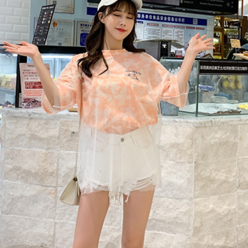 Áo thun cổ tròn tay lỡ phối lưới