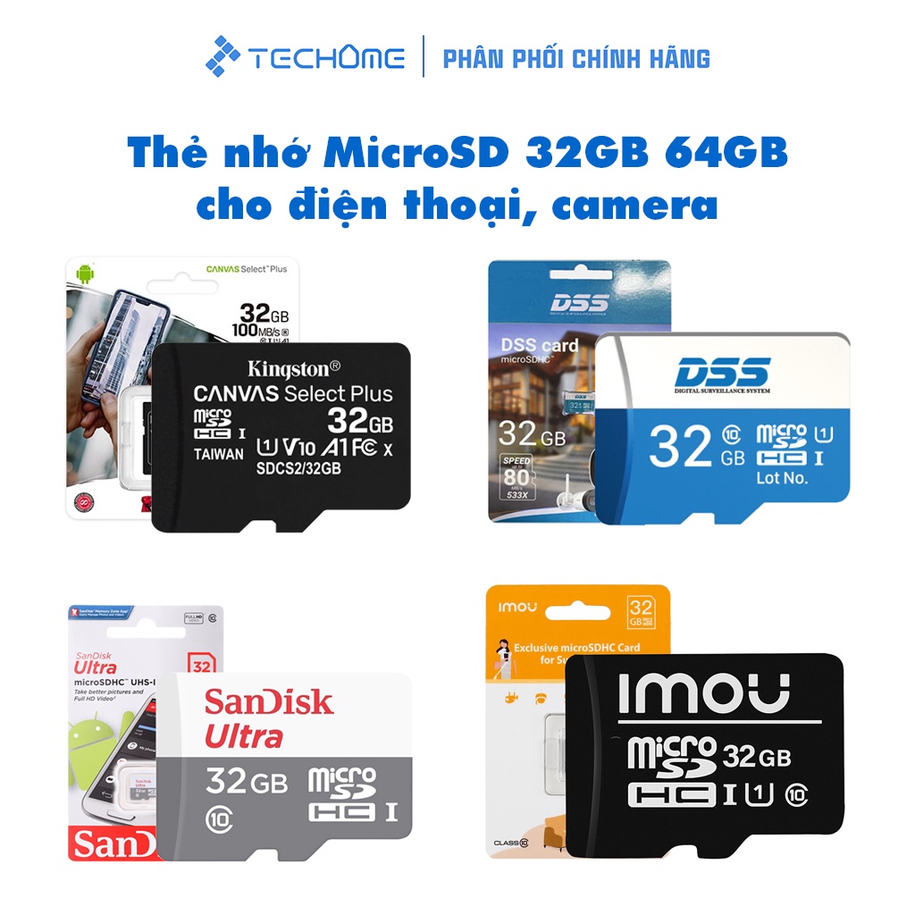 Thẻ nhớ MicroSD 32GB 64GB dùng cho điện thoại, camera - Bảo hành từ 2 năm - TECHOME