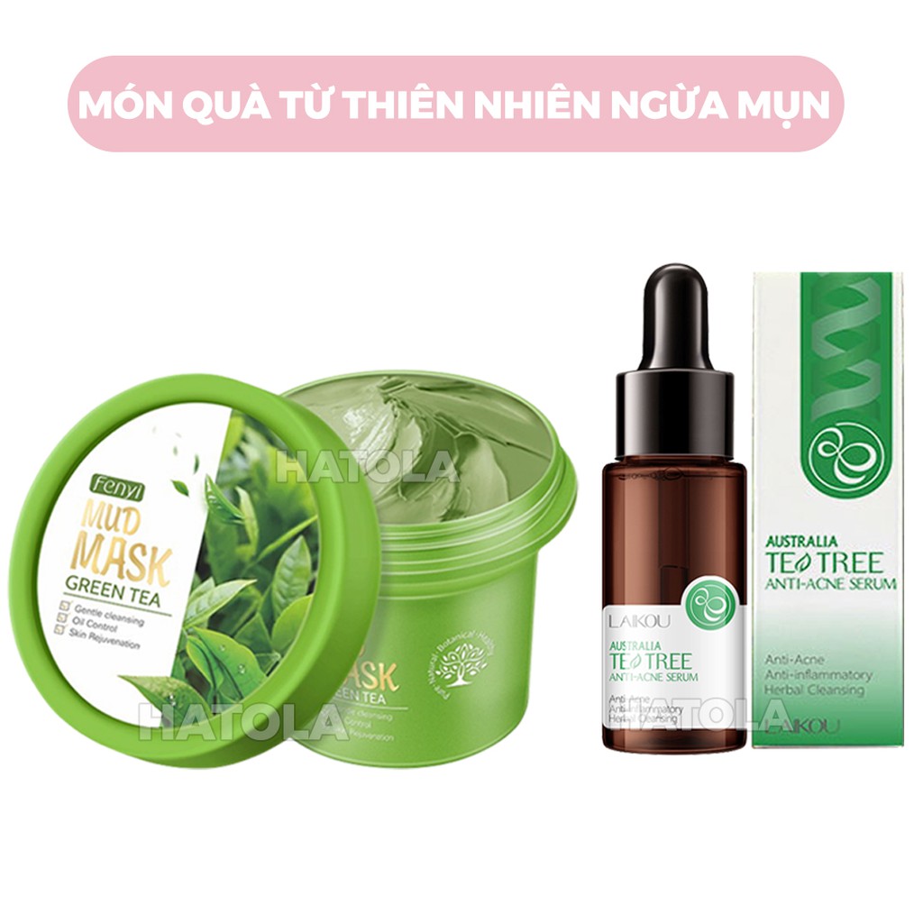 Sét dưỡng da ngừa mụn sáng da đơn giản Laikou gồm mặt nạ đất sét và serum giảm mụn trà xanh Hatola