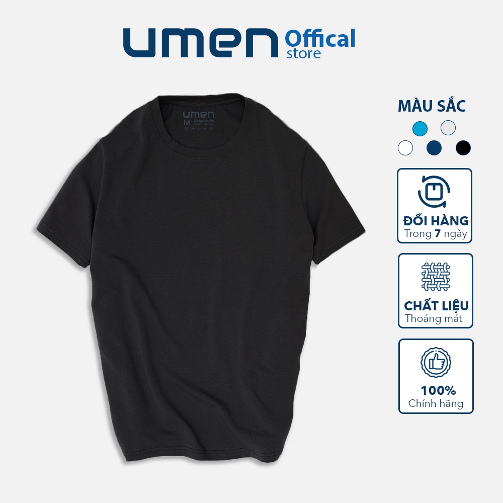 Áo thun basic nam màu đen cổ tròn tay ngắn UMEN vải cotton co giãn, thoáng mát