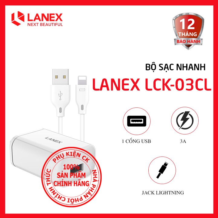 [QC 3.0] Bộ sạc nhanh Lightning 1 cổng USB 3.0A Lanex LCK-03CL - Dành cho điện thoại Apple