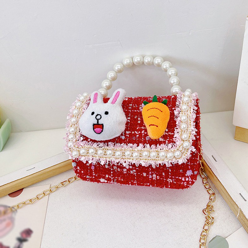 Túi đeo chéo mini đính hạt ngọc trai nhân tạo trang trí gấu/ thỏ hoạt hình đáng yêu dành cho trẻ em