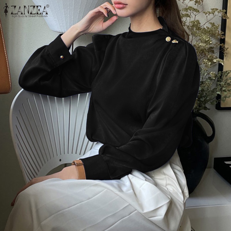 Áo sơ mi ZANZEA tay dài cổ đứng thiết kế cài nút thời trang Hàn Quốc dành cho nữ