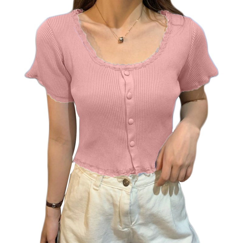 Áo Khoác Cardigan Ngắn Tay Cổ Vuông Cài Nút Phối Ren Thời Trang Cho Nữ