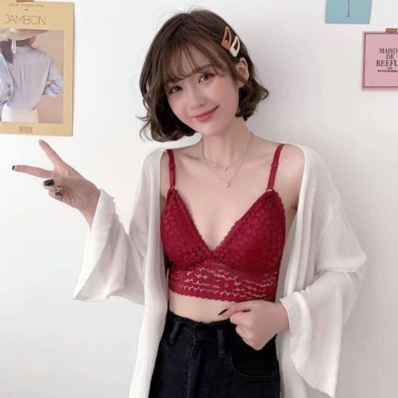 Áo Lót Nữ - Áo Bra ren hoa xanh hai dây croptop quyến rũ_BR032