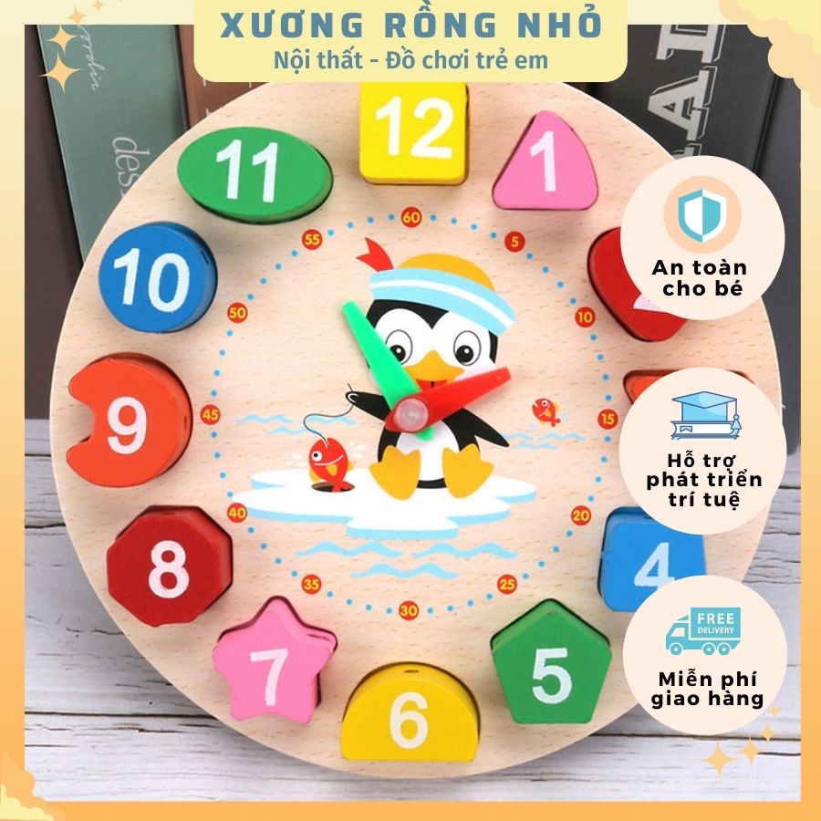 Đồ chơi đồng hồ gỗ cho bé, đồ chơi gỗ phát triển trí tuệ, giáo cụ montessori