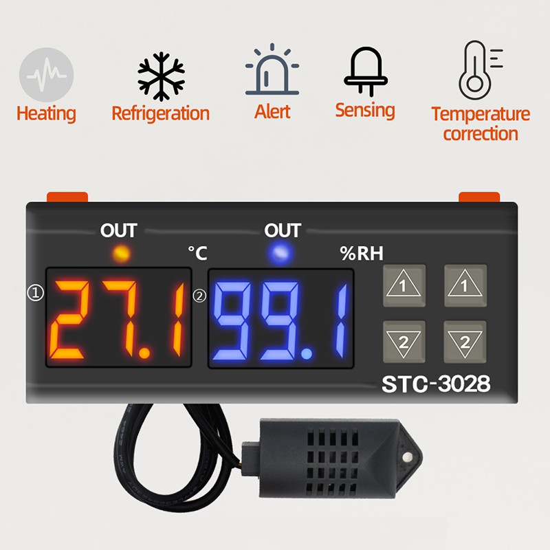 Bộ điều khiển độ ẩm nhiệt độ kỹ thuật số kép STC-3028 12V / 24V / 110-220V Bộ điều nhiệt 10A với bộ điều chỉnh nhiệt đầu dò cảm biến NTC