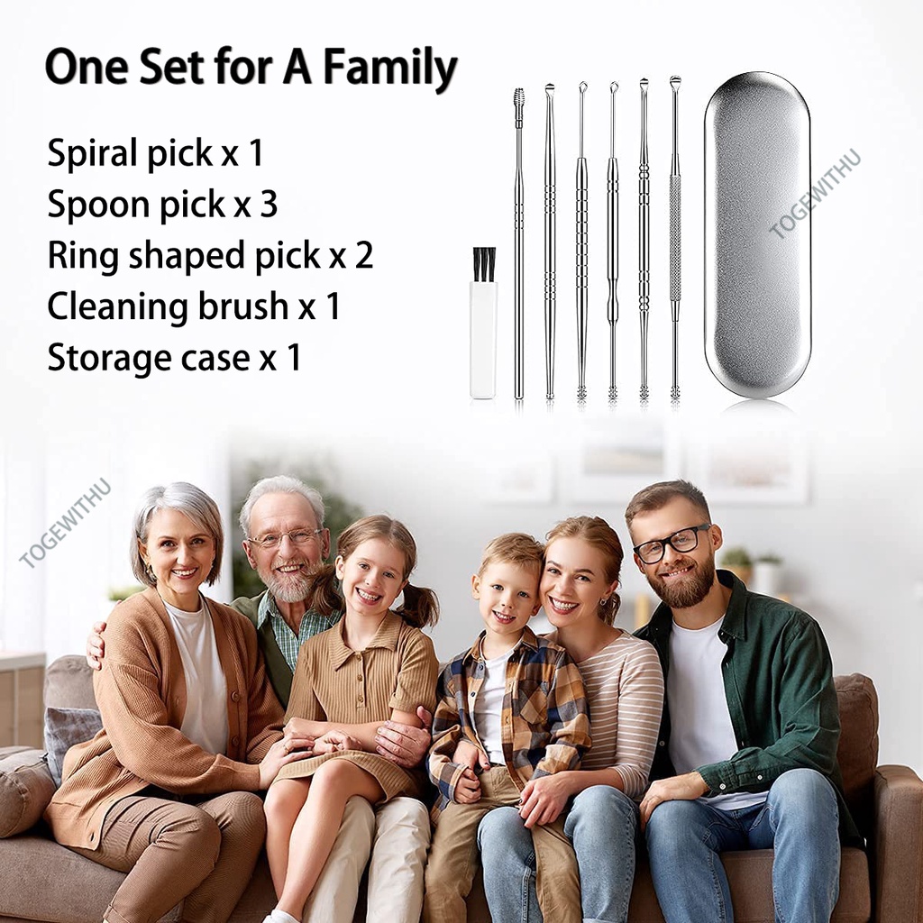 TOGEWITHU Bộ Dụng Cụ Vệ Sinh Tai Chuyên Nghiệp 6 Trong 1 Bằng Thép Không Gỉ Kèm Hộp Đựng Và Cọ Vệ Sinh