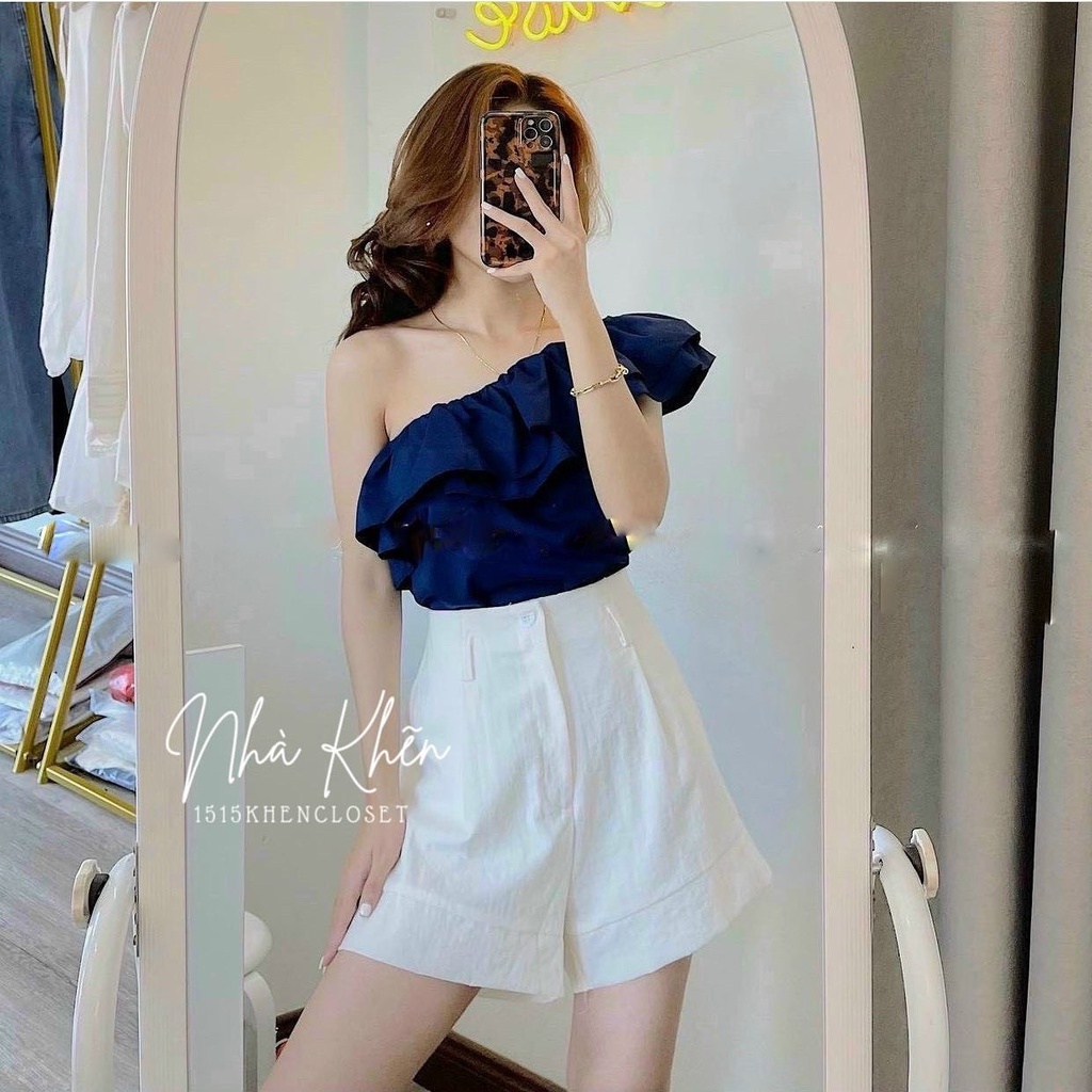 Set áo xanh lệch vai bèo quần short trắng
