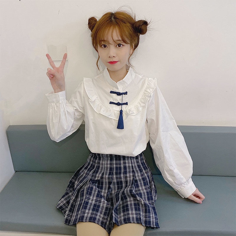 Áo Sơ Mi Trắng Tay Dài Cổ Đứng Dáng Rộng Cài Khóa Thời Trang Cho Bạn Gái