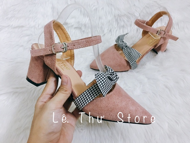 Giày cao gót 5 phân bít mũi nơ caro hở gót LT (BM020)
