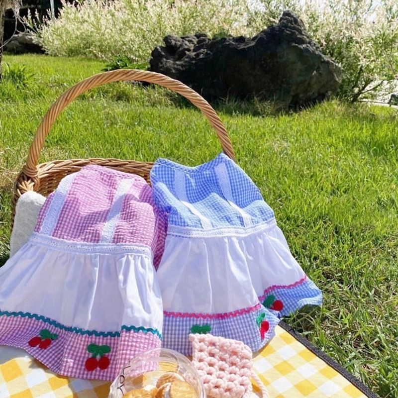 Đầm Váy Chó Mèo Thú Cưng Kẻ Caro In Hình Cherry Dễ Thương