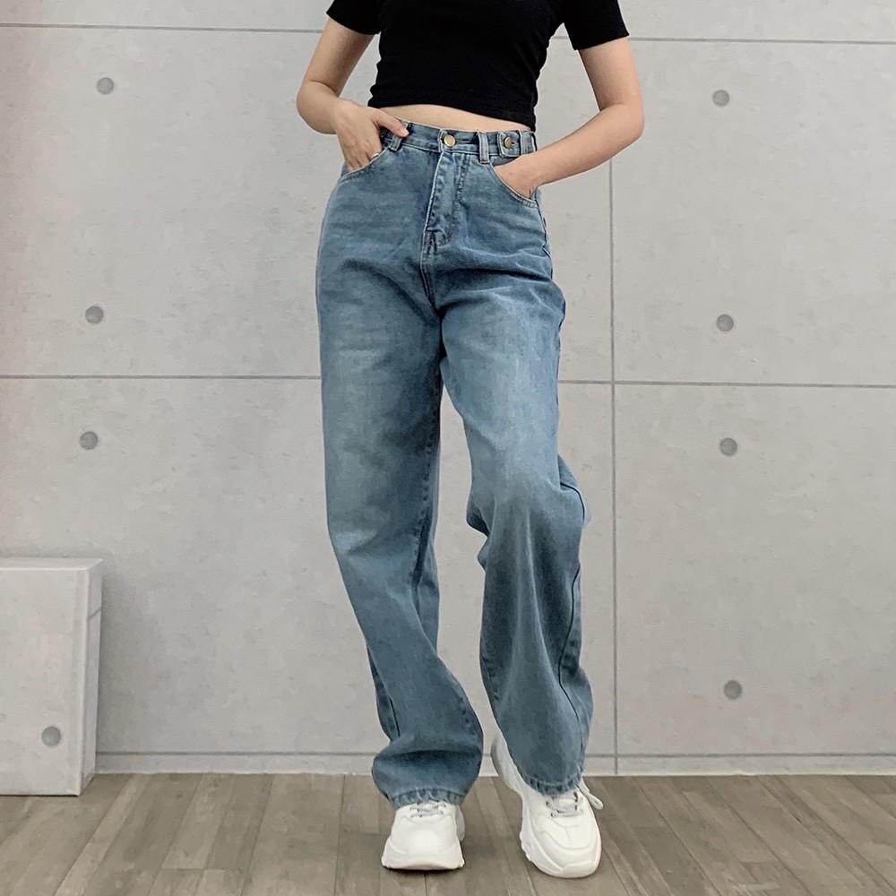 Quần Baggy suông jean nữ ống rộng lưng cao màu xanh đen BEE1500-6F5