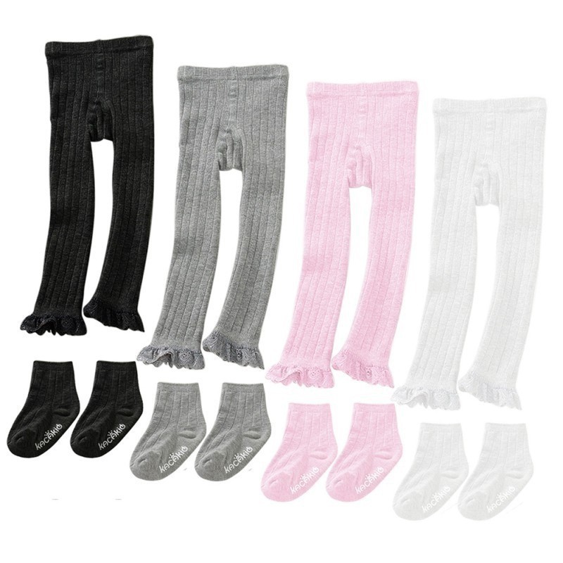 Bộ quần legging phối ren hoa và tất chống trượt cho em bé