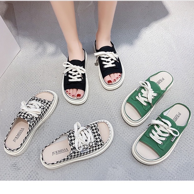 Sục Thể Thao Ulzzang Vintage, Giày Đạp Gót Caro Hở Mũi Chân Chất Liệu Vải Canvas Đế Độn 3cm, Hàn Quốc - Iclassy_shoes
