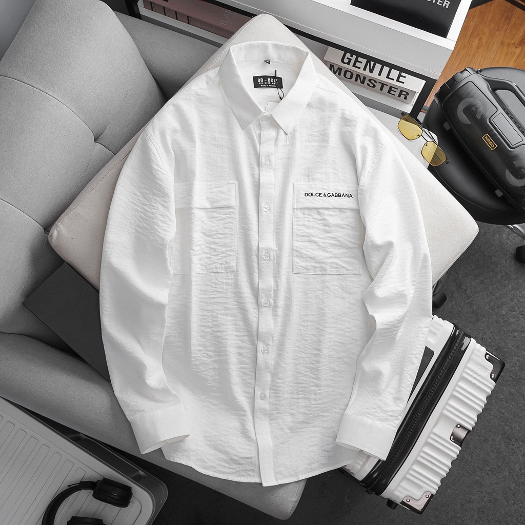 BIGSIZ - Áo sơ mi nam tay dài vải đũi túi giả thiêu chữ cách điệu form bigsize 80kg - 130kg