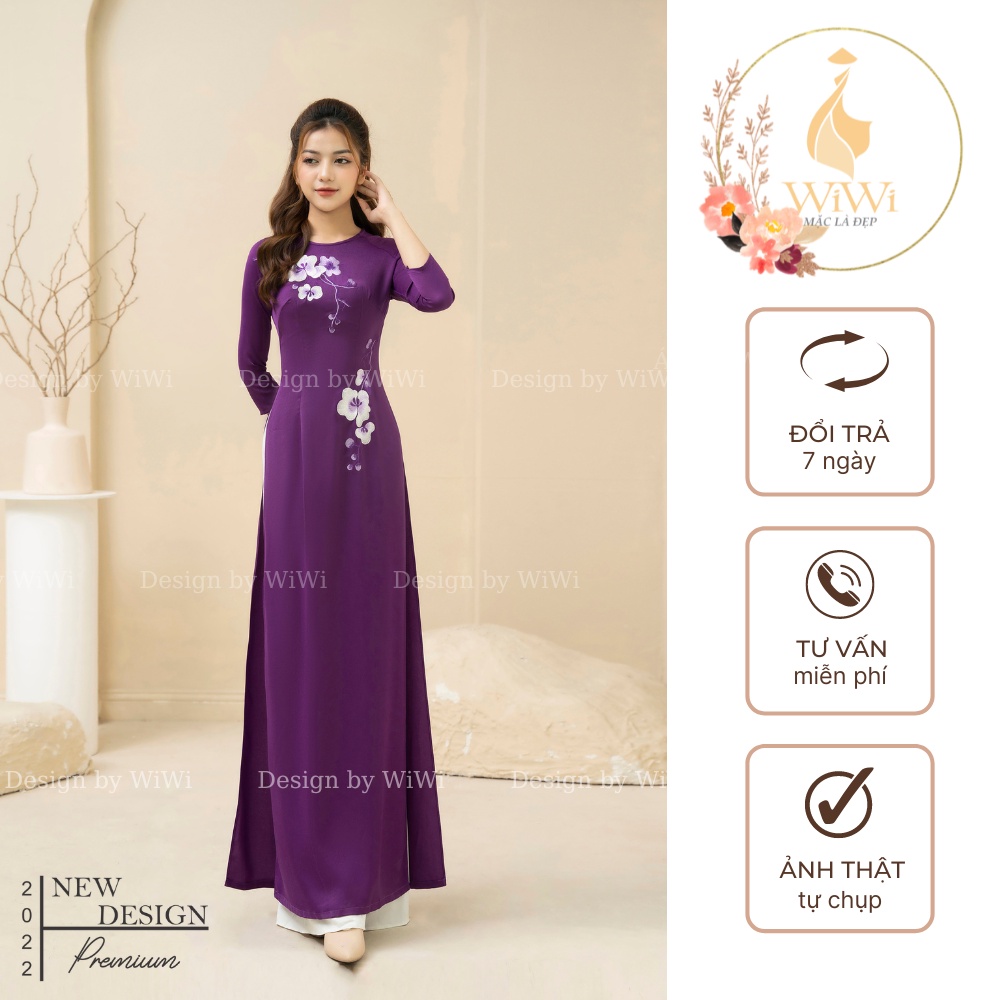 Áo dài truyền thống nữ thêu hoa vải lụa tây thi cao cấp, áo dài tím tay lỡ may sẵn đủ size mặc dự tiệc lễ tết đẹp