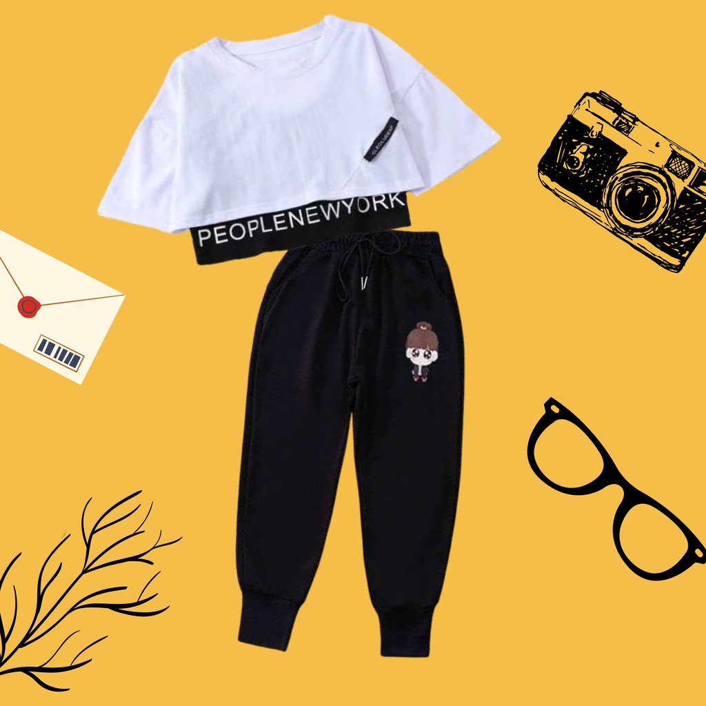 Bộ Croptop quần họa tiết chibi dành cho bé gái từ 20 kí đến 52 kí