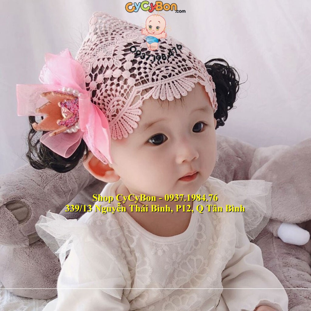 Băng Đô Turban Tóc Giả Cho Bé Gái Vải Ren Nơ Hồng Đính Vương Miện Cực Xinh !