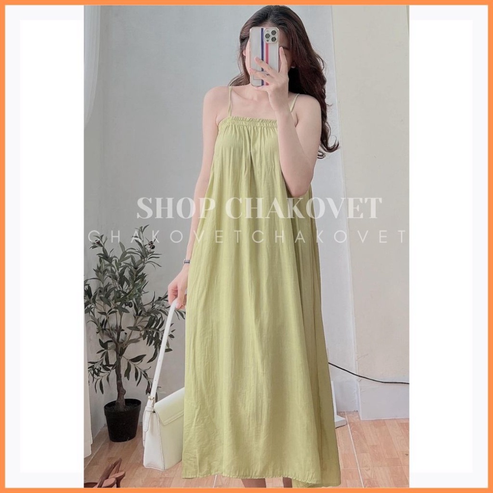 Váy 2 dây nữ đầm maxi đi biển V8228 dáng dài qua gối chun ngực freesize babydoll xanh lá đẹp vintage sang chảnh-CHAKOVET