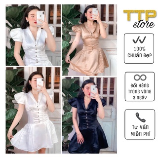 [HÌNH & CLIP THẬT] ĐẦM LỤA TAFTA CAO CẤP THIẾT KẾ QUẢNG CHÂU - ĐẦM TAY PHỒNG NGẮN ÔM EO XÒE ĐUÔI CÁ NÚT GIỮA TTP STORE