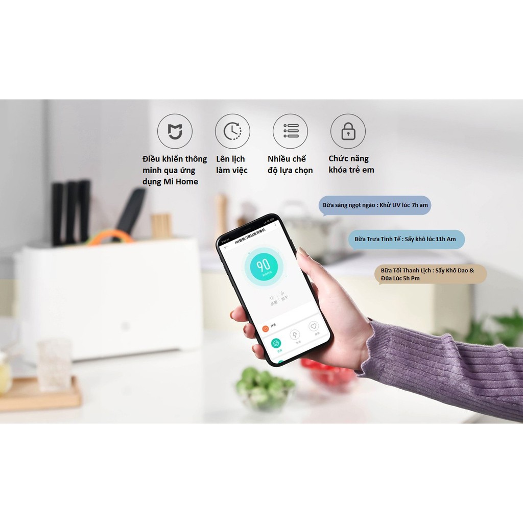Xiaomi FIVE giá khử khuẩn dao , thớt thông minh . Khử khuẩn UVC kết hợp sấy khô 70ºC (Hàng có sẵn )