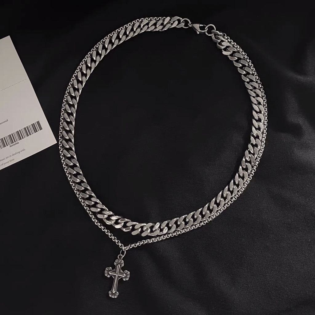 Vòng cổ nam nữ titan màu bạc Astaaccessories độc đáo 2 tầng khoá xích trơn và dây chuyền HOT chữ thập - VC Đôi Carmen