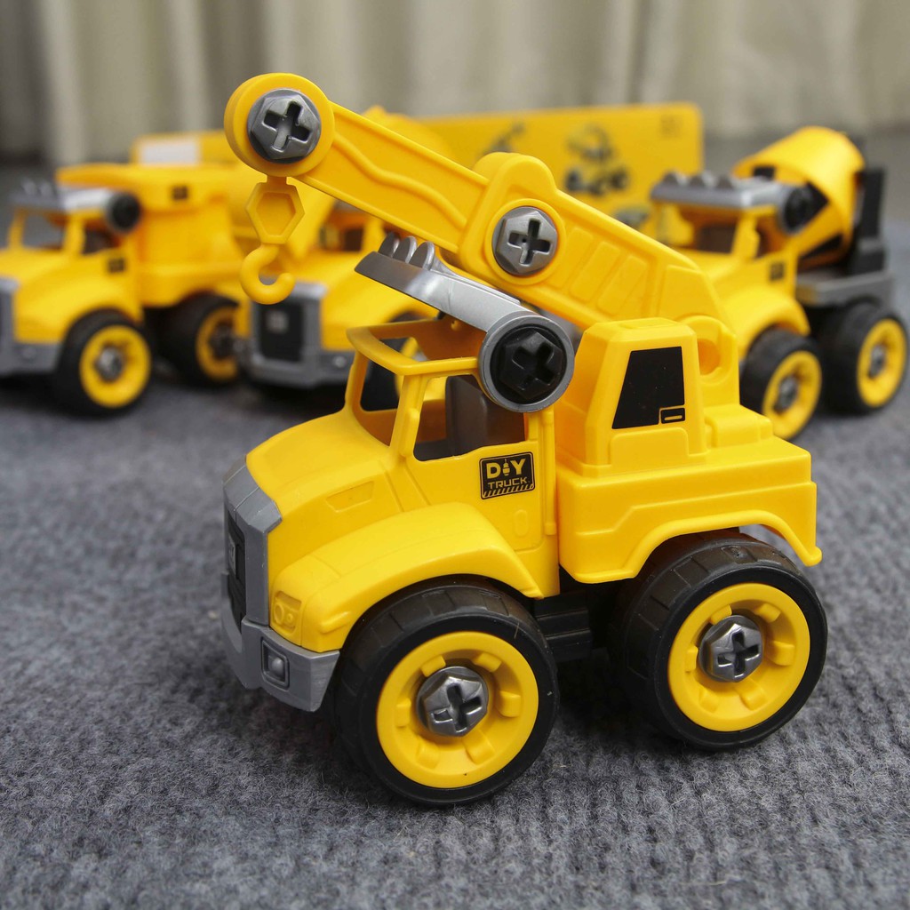 HÀNG MỚI VỀ  Đồ chơi lắp ghép mô hình oto xây dựng DIY 4 món gồm Cần cẩu, máy múc, xe bồn và xe ben