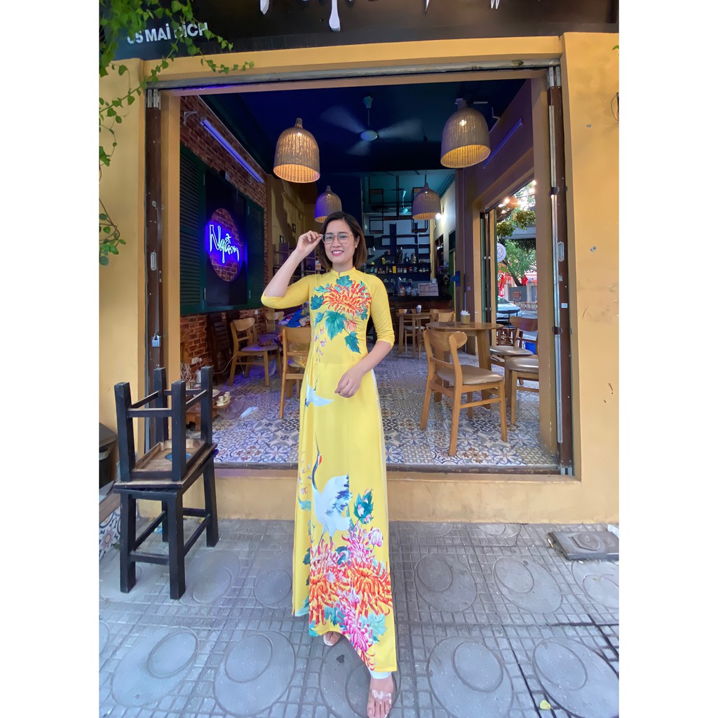 Áo Dài Cách Tân💖FREESHIP💖Áo Dài Truyền Thống In 3D Họa Tiết Màu Vàng Hoa Hồng Sang Trọng Chất Lụa Nhật Cao Cấp
