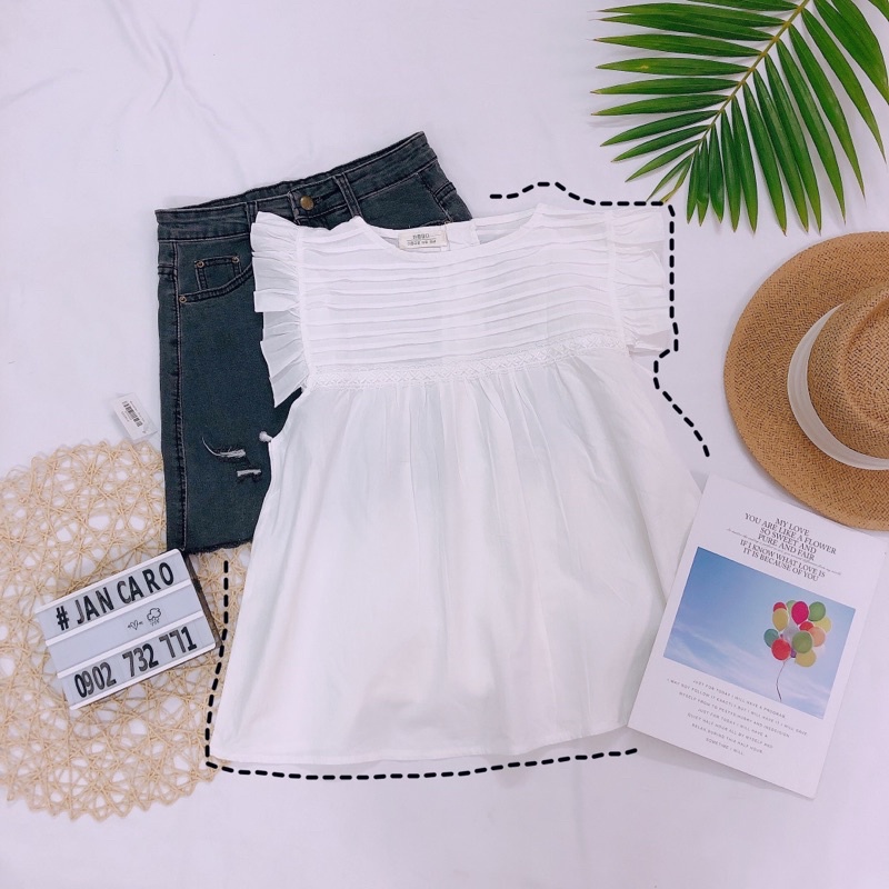 Áo Kiểu Nữ Tay Cánh Tiên Xếp Ly Trước Ngực Tay Cánh Tiên Dáng Xoè Cài Nút Sau Lưng - Jancaroshop
