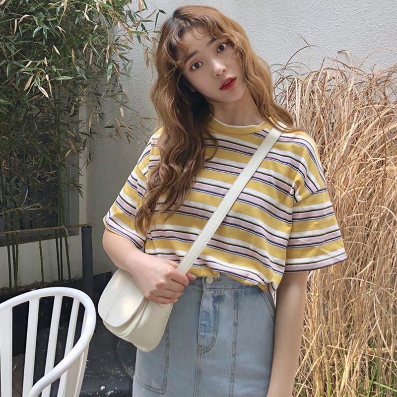 Áo thun nữ tay ngắn cổ tròn họa tiết sọc ngang màu thời trang phong cách Hàn Quốc